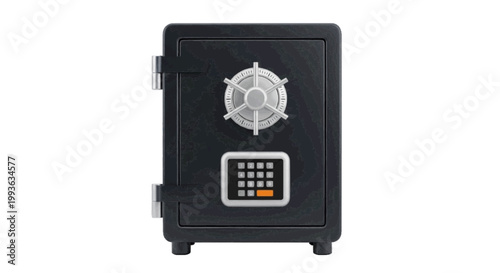 Vector illustration of black metal safe with a digital keypad and a rotating wheel handle on a transparent background