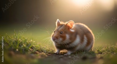 Cute Syrian Hamster Standing in Green Grass During Golden Hour Sunset