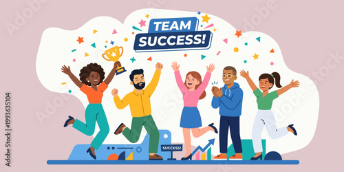 Diverse team celebrates team success with trophy and charts.