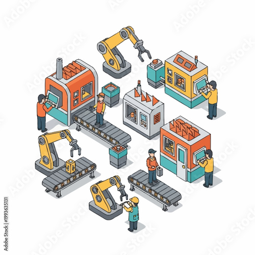 Modern Automated Factory Production Line with Robotic Arms and Workers.