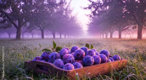 Fresh Plums in Wooden Crate on Grass in Misty Orchard during Sunrise
