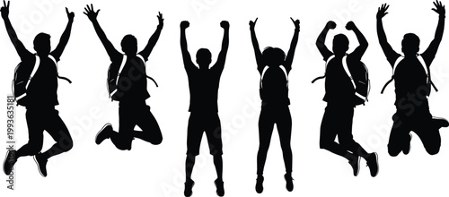 Silhouette of six happy backpackers jumping and cheering in the air celebrating a successful hiking trip or group travel adventure.