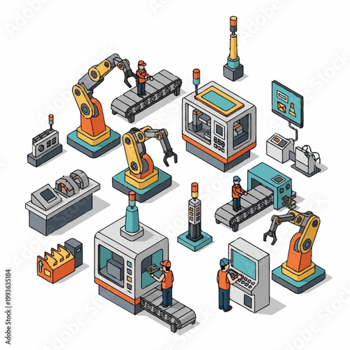 Automated Factory Production Line with Robotic Arms and Workers.
