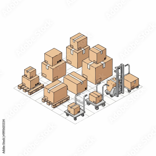 Cardboard boxes and logistics equipment isometric illustration.