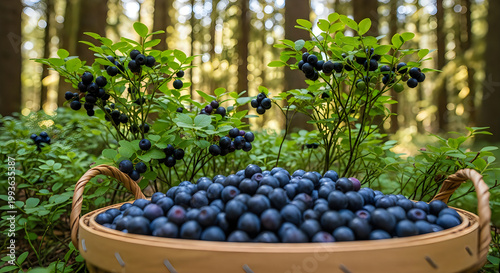 Blueberries in wooden basket placed in forest with wild berry bushes in background
