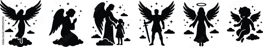 Obraz premium Black and white angel silhouette collection with wings halos and clouds vector art