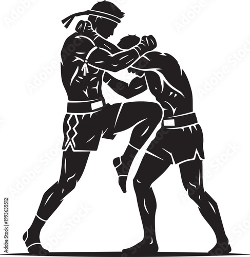 Muay Thai Fighters Silhouette Two Athletes Engaged in Clinch Combat with Knee Strike Maneuver During Kickboxing Match Thai Boxing Traditional Martial Arts Training and Professional Fighting Championsh