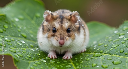 Cute Hamster Sitting on a Green Leaf with Water Droplets