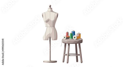 A pristine white female mannequin stands elegantly beside a simple wooden stool that holds several vibrant spools of colorful thread against a clean white background.