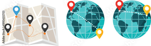 Navigation and Location Tracking Collection with Map Route, GPS Pins, and Globe Icons for Travel, Direction, and Global Positioning Illustration