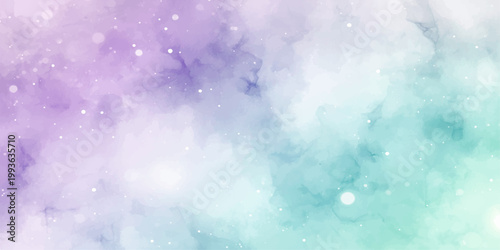 Abstract colorful watercolor winter bokeh background with bubbles snowflakes and glowing light particles festive blue sky design glitter texture illustration