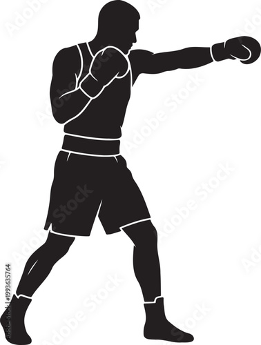 Professional Boxer Silhouette Throwing Powerful Lead Jab Punch During Training Session or Boxing Match Wearing Protective Gloves and Sports Gear for Combat Athletics Fitness and Martial Arts Competiti