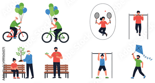 Outdoor Activities Vector Set with Cycling Fitness Exercise Park Recreation and Healthy Lifestyle Illustration Collection