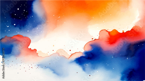 Abstract Watercolor painting of a dreamy ethereal scene using orange, red and blue colors resembling galaxy with stars, clouds and dreamy aura.