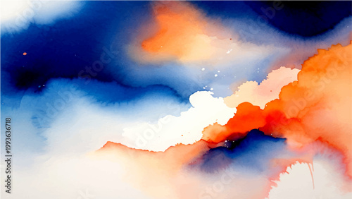 Abstract watercolor painting with orange and blue hues evoking serene dreamy ambiance, vibrant artwork, watercolor textures, soft gradient colors, painted clouds.