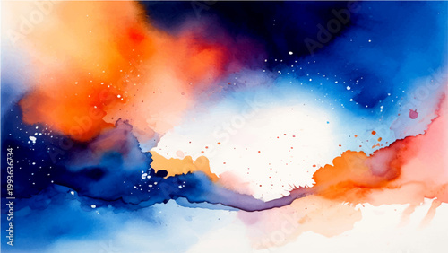 Abstract watercolor painting featuring vibrant orange and blue colors, evoking energy and dynamism with fluid ink and bright paint textures.