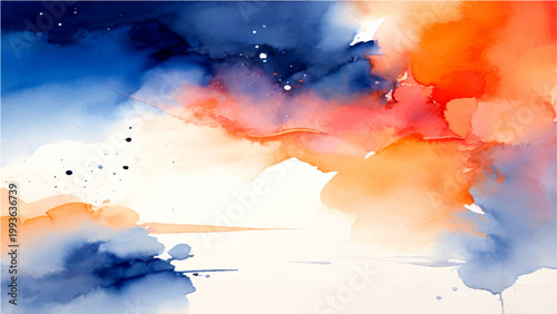 Abstract watercolor painting of the sky with vibrant blue, orange, and white colors with dreamy, soft clouds, celestial art style.