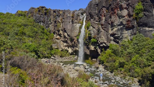 Scenic view of Taranaki Falls dropping into a clear pool surrounded by rocks and lush bush