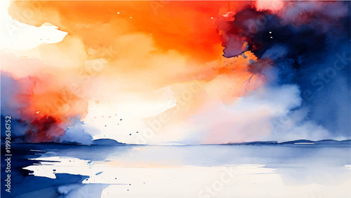 Abstract watercolor landscape painting of dramatic sky above tranquil lake and expressive brushstrokes for artistic and creative concept.