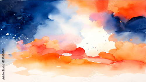 Obraz na plátně Abstract watercolor painted cloudscape with vibrant hues and expressive brushstrokes