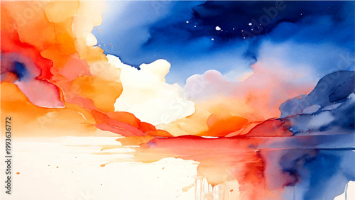 Abstract watercolor art with watercolor technique of the scenery with celestial and terrestrial hues and a serene atmosphere, with celestial, colorful elements.
