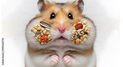 Close-up portrait of a cute Syrian hamster with cheeks stuffed full of seeds and grain on a white background