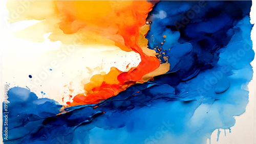 Abstract watercolor painting of blue and orange fluid brushstrokes with gold leaf accents on artistic canvas.