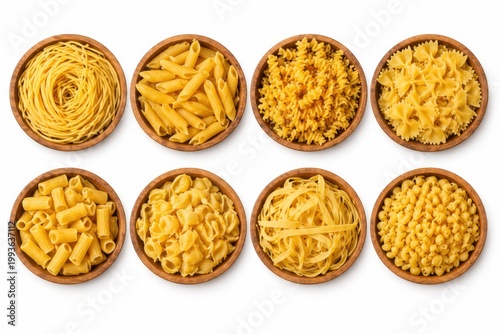 Eight different types of pasta shapes in wooden bowls top view close up.