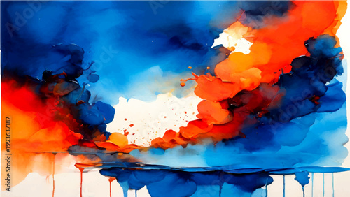 Abstract watercolor painting with vibrant blue and orange hues, with a dynamic blend of colors and shapes, evoking a sense of artistic expression and fluidity.