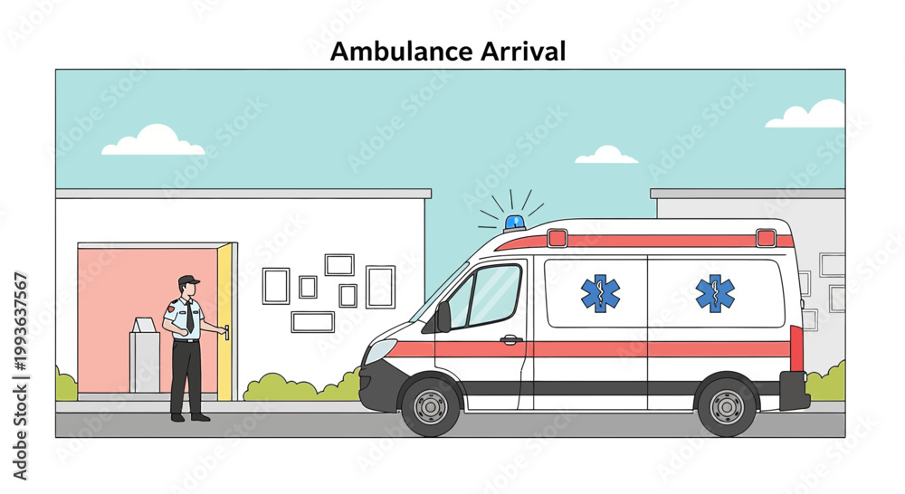Fototapeta premium Ambulance Arrives at Building Entrance with Medical Professional Greeting