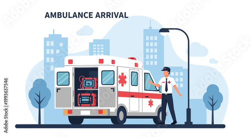 Ambulance Arrival: Paramedic Opens Doors Revealing Medical Equipment in City
