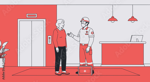 Paramedic Helps Elderly Woman in Modern Building Lobby with Elevator and Reception