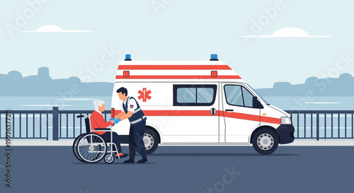 Paramedic helps elderly woman in wheelchair disembark ambulance for medical care