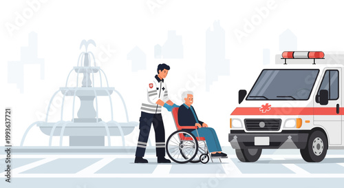 Paramedic helps elderly man in wheelchair towards ambulance on city street