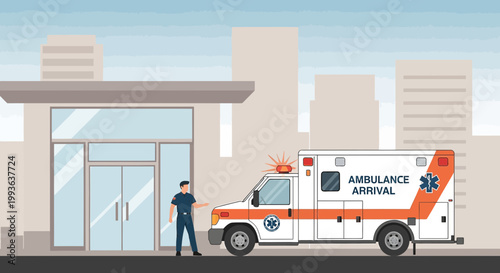 Ambulance Arrives at Hospital Entrance with Paramedic Guiding Patient
