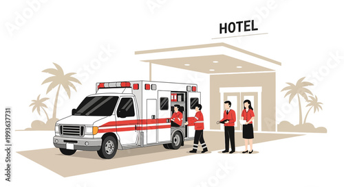 Ambulance arrives at hotel to assist guest, medical emergency, patient transport