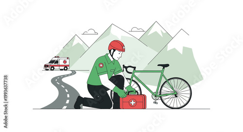Paramedic helps cyclist with first aid kit, ambulance on mountain road