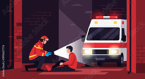 Paramedic helps injured man with flashlight near ambulance in alley