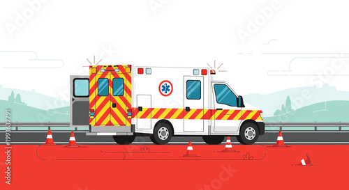 Ambulance with Emergency Lights on Roadside, Traffic Cones, Medical Help Arriving