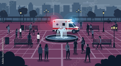 Ambulance arrives at park with people, emergency response, pixel art style