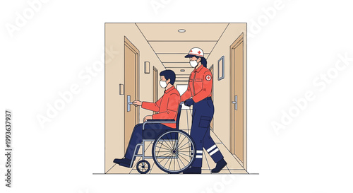Paramedic helps patient in wheelchair press elevator button in hospital corridor