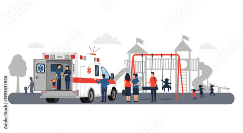 Ambulance arrives at playground for child emergency, medical help for kids