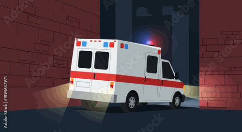 Ambulance with Flashing Lights Arriving in City Alleyway at Night