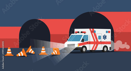 Ambulance with flashing lights navigates traffic cones in tunnel, emergency response concept