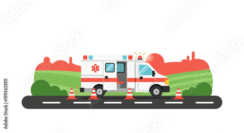 Ambulance with flashing lights on road, emergency scene with traffic cones, medical help