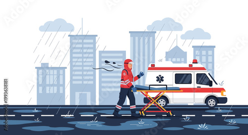 Paramedic in Rain Pushing Stretcher Beside Ambulance in City