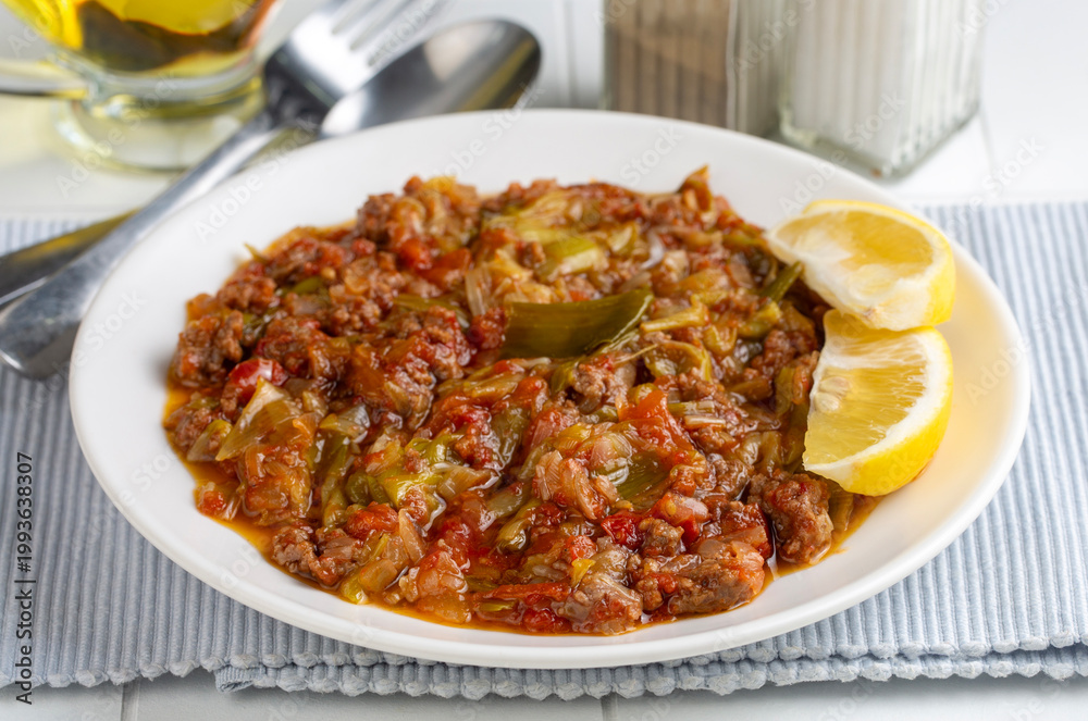 Fototapeta premium Minced meat and leek dish. Turkish name; kiymali pirasa