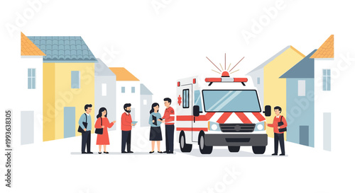 Ambulance Arrives on Street with Medical Team and Bystanders, Emergency Response Scene