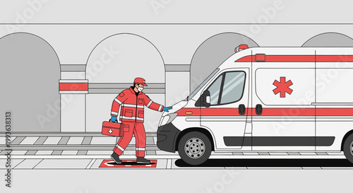 Paramedic in Red Uniform with First Aid Kit by Ambulance, Emergency Medical Services