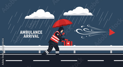 Paramedic in Rain with Umbrella and First Aid Kit, Ambulance Arrival